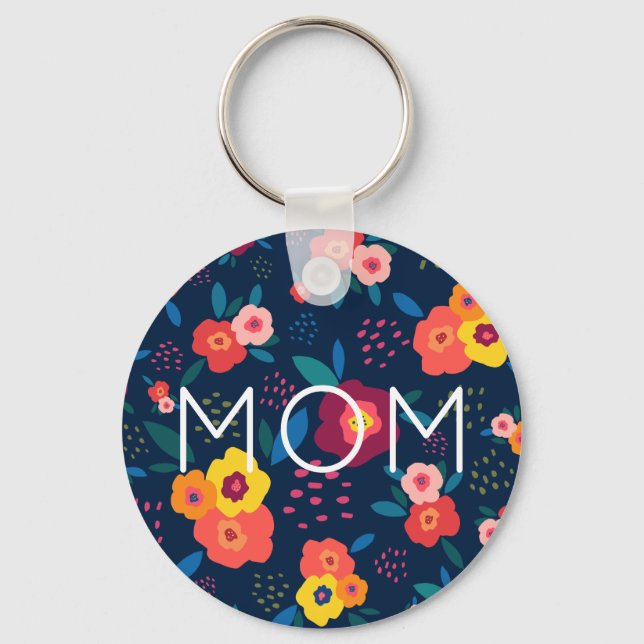Mom Modern Floral in Blue and Coral Key Ring (Front)