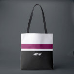 Mom Modern Striped Tote Bag<br><div class="desc">Mom modern striped tote bag. Large black,  white,  and purple stripes with MOM text field. Keep MOM or replace with your own personalized text.</div>