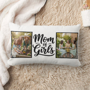 Mom of Girls Brush Script Double Photo Lumbar Cushion