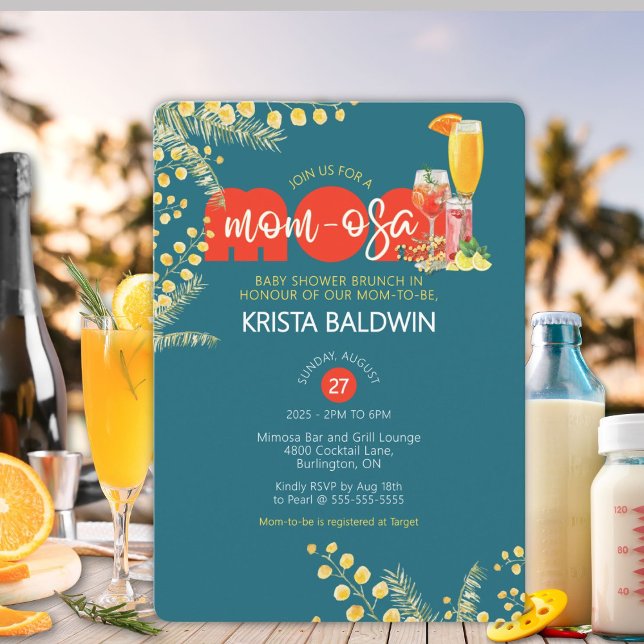 Mom-osa Baby Shower Brunch Invitation (Vibrant, bold Mom-osa baby shower invitation celebrating the mom-to-be.)