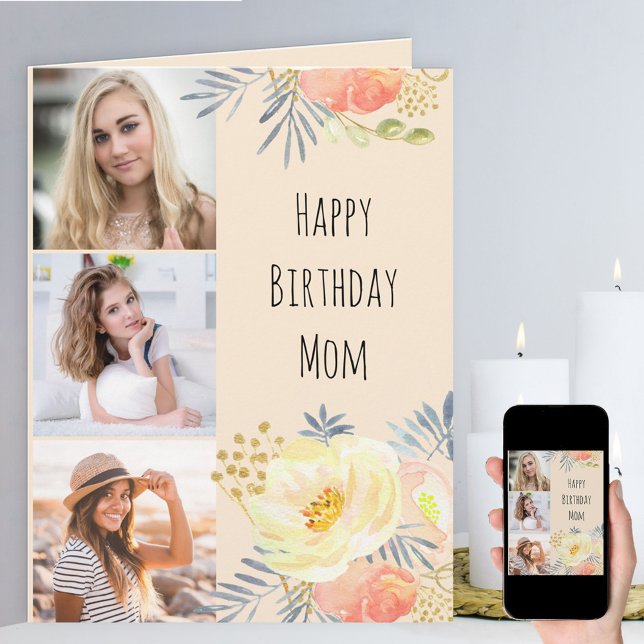 Mom Peach Feminine Floral 3 Photo Birthday Card (Creator Uploaded)