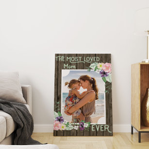 Mom Photo Hand Lettered Rustic Wood and Floral Canvas Print