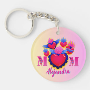 MOM Pink Hearts of Editable Mama Name Key Ring