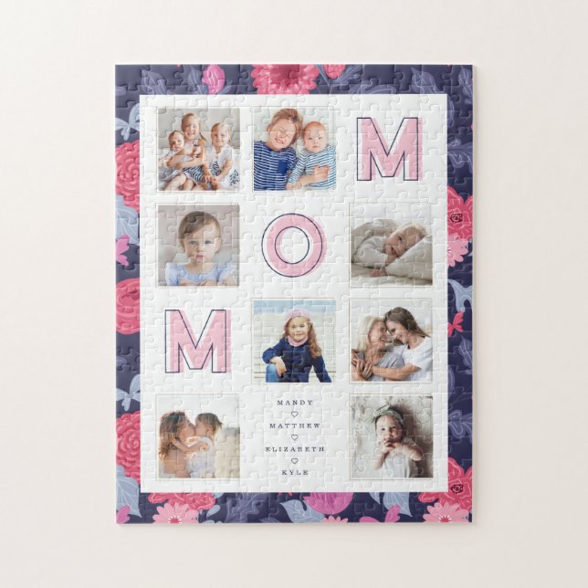 MOM Pink Letters Family Photo Collage Floral Frame Jigsaw Puzzle (Vertical)