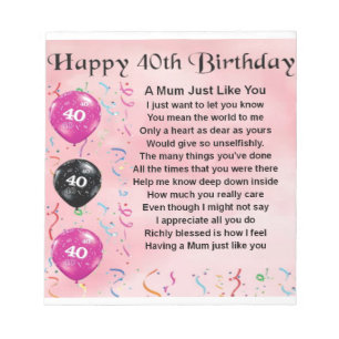 Mom Poem - 40th Birthday Notepad