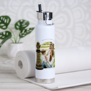 MOM Queen of my life, Golden Script Black Chess  Water Bottle