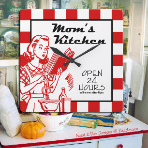 Mom Retro Vintage 1950's Kitchen Red Square Wall Clock