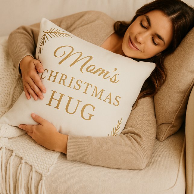 Mom’s Christmas Hug Pillow – Cozy Beige & Gold  (Mom's Christmas Gift Hug Throw Pillow)