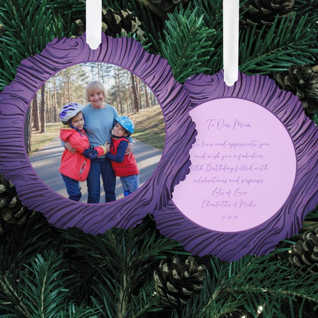 Mom Satin Purple And Pink 60th Birthday Photo Tree Decoration Card (Front And Back)