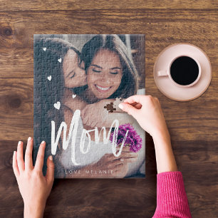 Mom Script & Hearts Overlay Modern Photo Family Jigsaw Puzzle