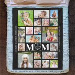 MOM WE LOVE YOU 19 Photo Collage Custom Colour Fle Fleece Blanket<br><div class="desc">Create a modern, unique, photo collage keepsake blanket for a special mother with 19 pictures and the title MOM WE LOVE YOU accented by a heart in the middle. The text, font styles and colours and the background colour can be changed by clicking on the PERSONALIZE section and then CUSTOMIZE...</div>