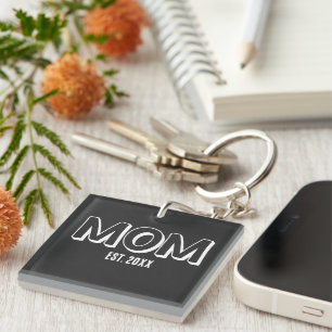 Mom White Minimal Typography Established Year Key Ring