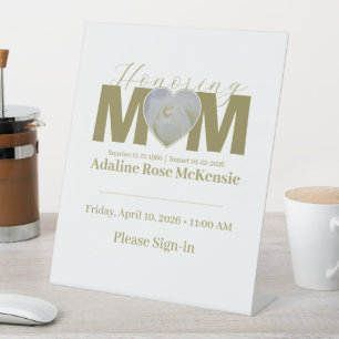 MOM White Rose Heart Photo Desk Memorial Pedestal Sign