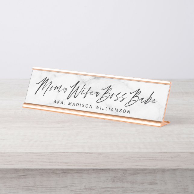 Mom, Wife, Boss Babe Trendy Brush Script & Marble Desk Name Plate (Front)