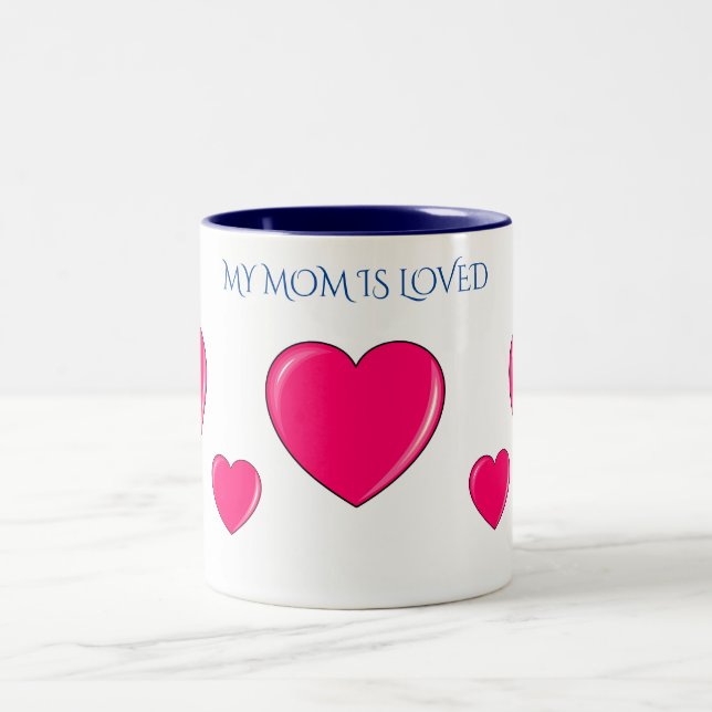 "MOM" with pink hearts coffee or tea mug. Two-Tone Coffee Mug (Center)