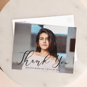 Momentous Black Script Photo Graduation Thank You Postcard