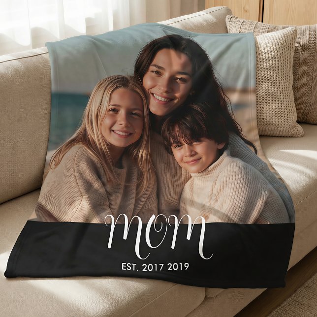 MomEstablished Black Modern Script Photo  Fleece Blanket (Creator Uploaded)
