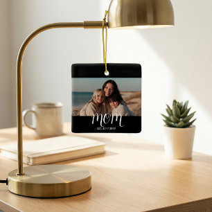 MomEstablished Black White Script Photo Ceramic Ornament