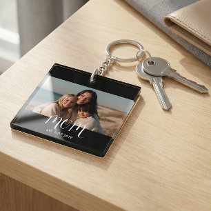 MomEstablishedBlack White Script Photo Key Ring