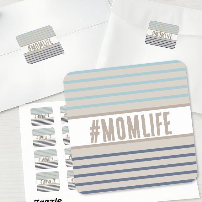 Momlife turquoise blue and beige square sticker (stickers for mom)
