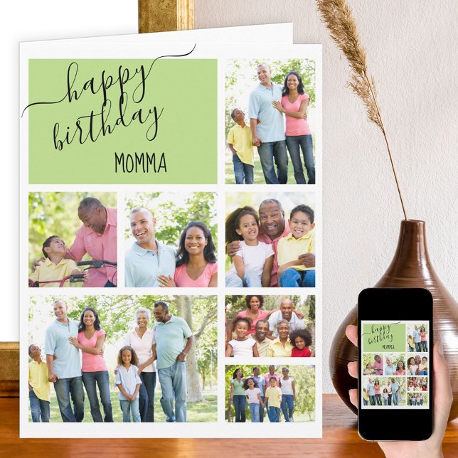 Momma 7 Photo Collage Green Personalized Birthday Card (Creator Uploaded)