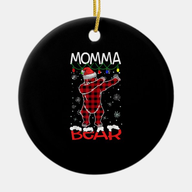 Momma Bear Dabbing Buffalo Plaid Lights Christmas Ceramic Tree Decoration (Front)
