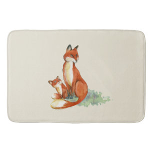Momma Fox and Baby Watercolor Illustration Bath Mat