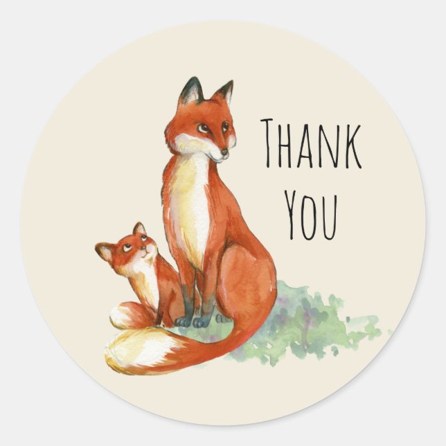 Momma Fox and Baby Watercolor Illustration Classic Round Sticker (Front)