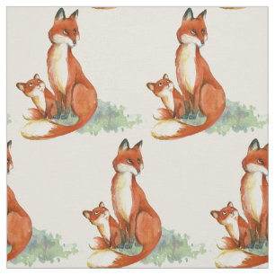 Momma Fox and Baby Watercolor Illustration Fabric