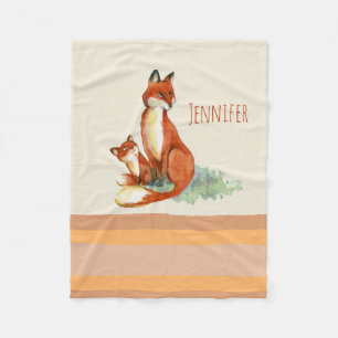 Momma Fox and Baby Watercolor Illustration Fleece Blanket