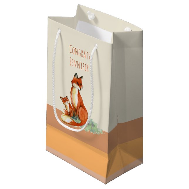 Momma Fox and Baby Watercolor Illustration Small Gift Bag (Front Angled)