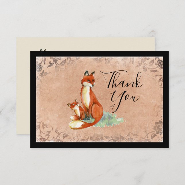 Momma Fox and Baby Watercolor Illustration Thanks Invitation (Front/Back)