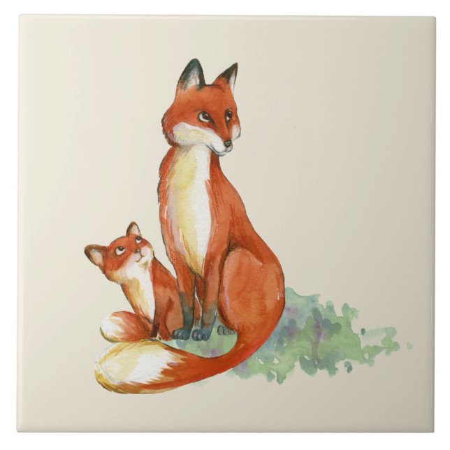 Momma Fox and Baby Watercolor Illustration Tile (Front)