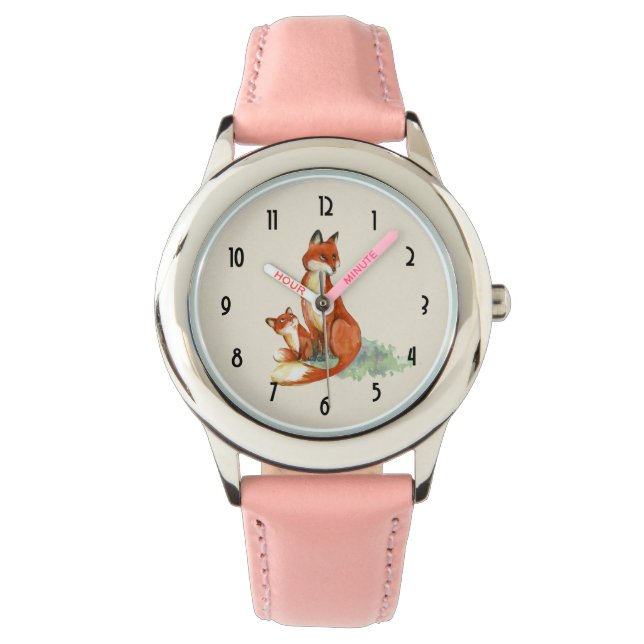 Momma Fox and Baby Watercolor Illustration Watch (Front)