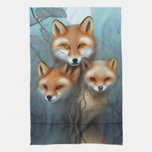 Momma fox and two babies tea towel