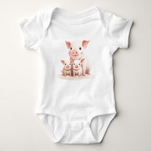 Momma Pig and Baby Piglets, Cute Farm Animals  Baby Bodysuit (Front)