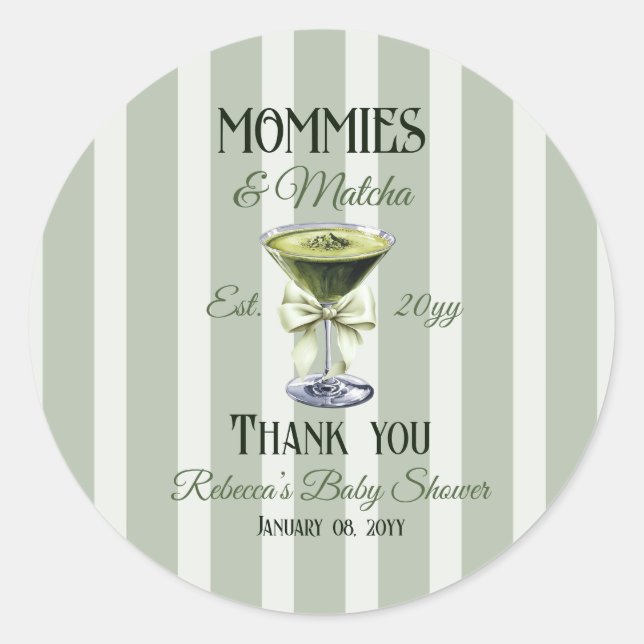 Mommies and Matcha Olive Green Bow Baby Shower Classic Round Sticker (Front)