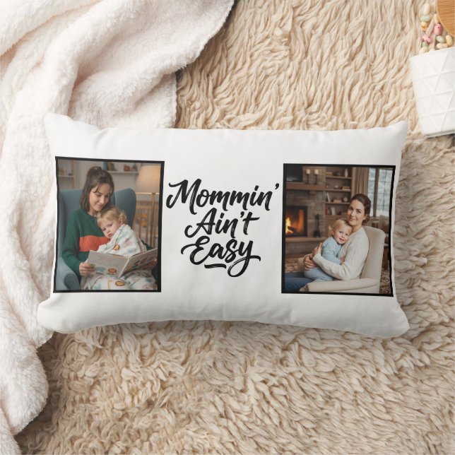 Mommin Ain't Easy Brush Script Two 2 Photo Lumbar Cushion (Blanket)