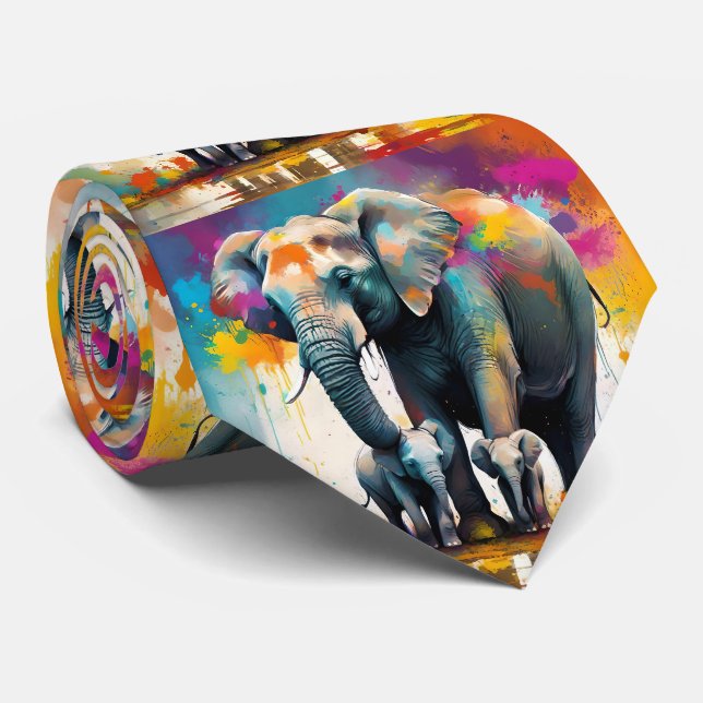Mommy And Baby Elephants Color Splash, Tie (Rolled)