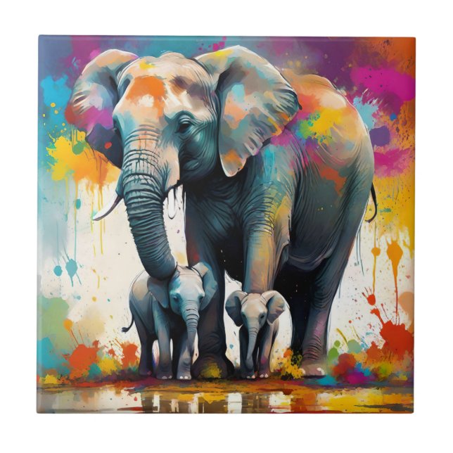 Mommy And Baby Elephants Color Splash, Tile (Front)