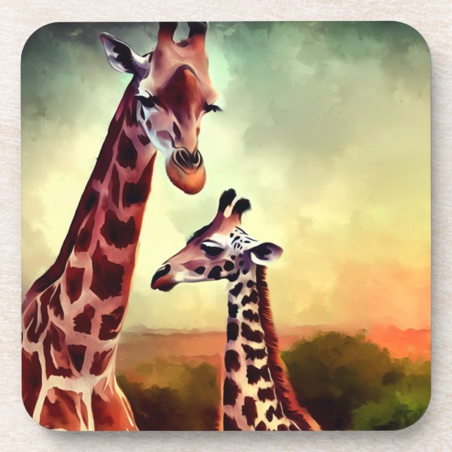 Mommy And Baby Giraffe Watercolour, Coaster (Front)