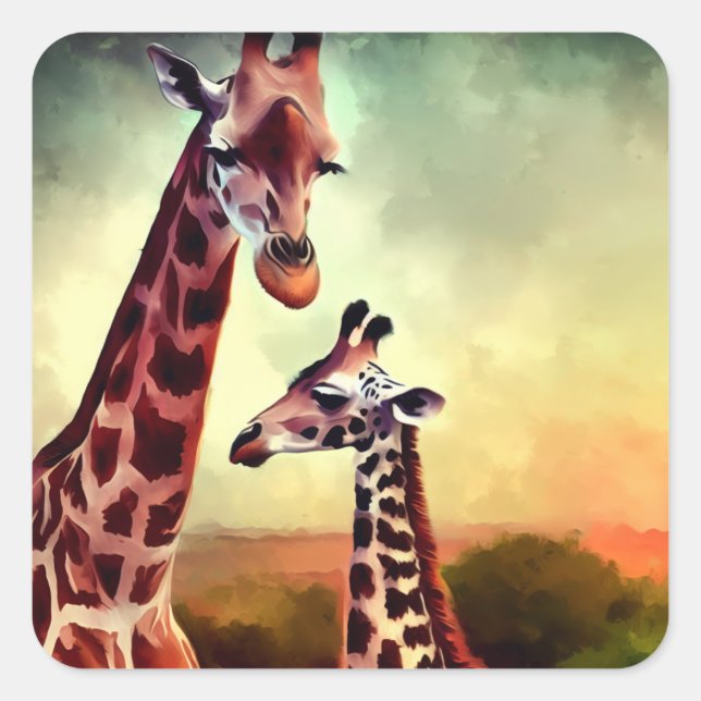 Mommy And Baby Giraffe Watercolour, Square Sticker (Front)