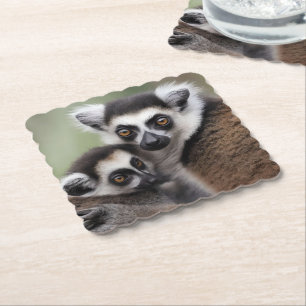 Mommy And Baby Lemur Cuddling, Paper Coaster