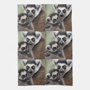 Mommy And Baby Lemur Cuddling, Tea Towel