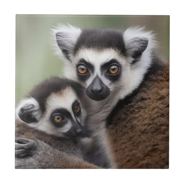 Mommy And Baby Lemur Having A Cuddle, Tile (Front)