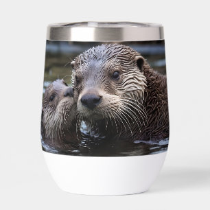 Mommy And Baby Otter Having A Cuddle In The River,