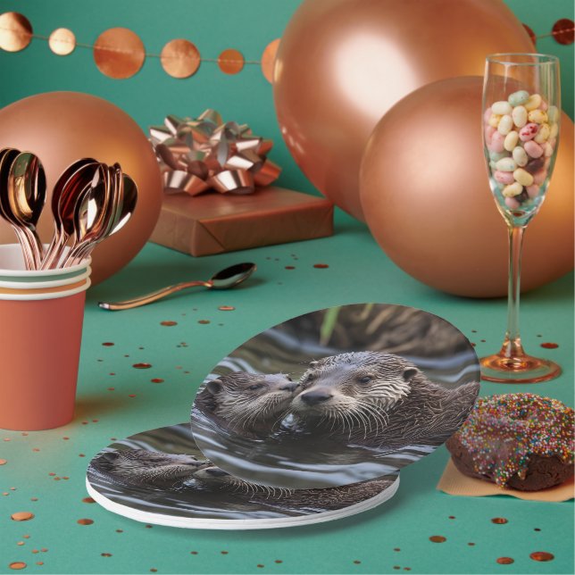 Mommy And Baby Otter Having A Cuddle In The River, Paper Plate (Multi)