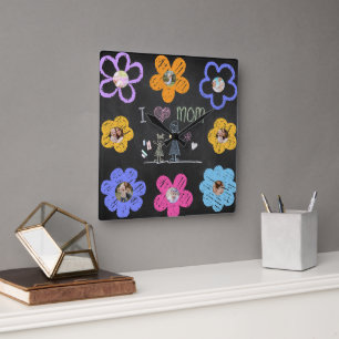 Mommy Birthday Chalkboard Kids Simple Drawing Square Wall Clock