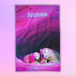 Mommy Polar Bear with Cub Monogram Tea Towel