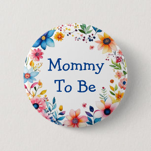 Mommy To Be Floral Pink and Blue Baby Shower 6 Cm Round Badge